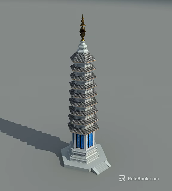 Traditional Multi Tiered Pagoda With Tile Roof Blue Windows And White Base 3d model 