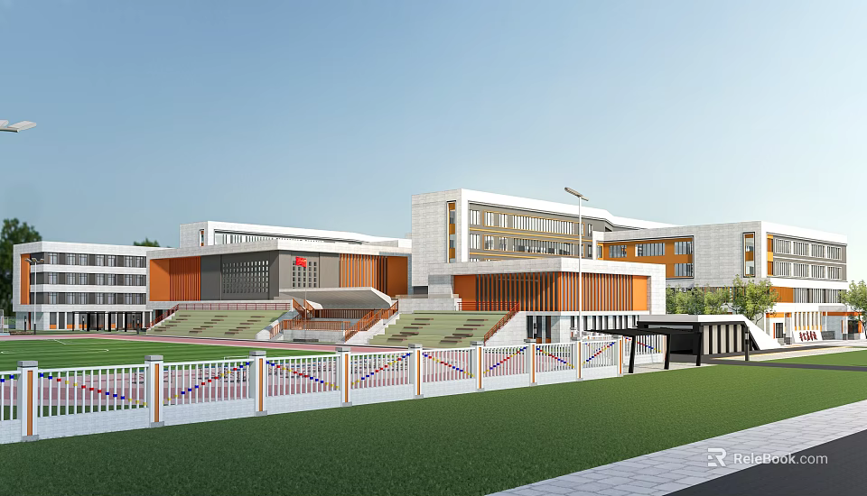 Modern School Building Exterior Design With Playground Green Lawn And Bleachers 3d model 