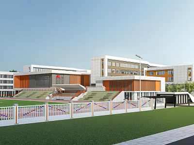 Modern School Building Exterior Design With Playground Green Lawn And Bleachers 3d model