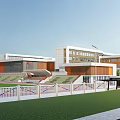 Modern School Building Exterior Design With Playground Green Lawn And Bleachers