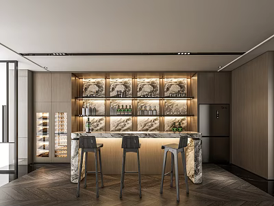 Modern Wine Cellar Interior Design With Marble Bar Counter Decorative Wall And Lighting 3d model
