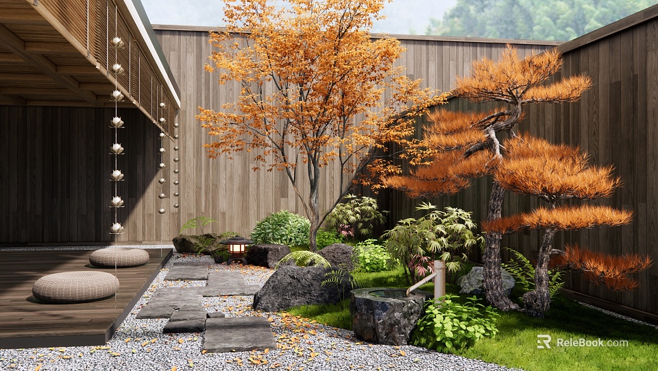 Zen Courtyard Garden with Wooden Walls Orange Leaved Trees Pine Trees and Stone Path 3d model 