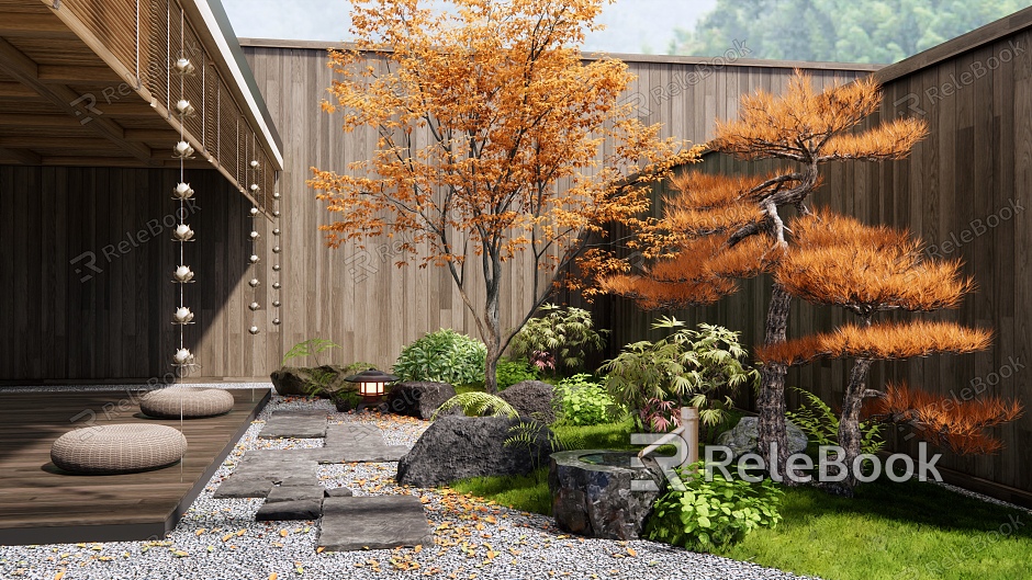 Zen Courtyard Landscape Stone Ting Step Plant Landscape Landscape Tree Water Bowl model