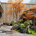 Zen Courtyard Garden with Wooden Walls Orange Leaved Trees Pine Trees and Stone Path