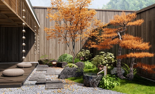 Zen Courtyard Landscape Stone Ting Step Plant Landscape Tree Water Bowl 3d model