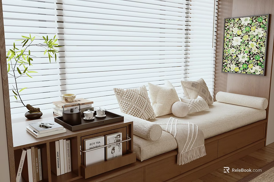 Cozy Window Seat Interior With Venetian Blinds Pillows Blanket Bookshelf Green Plant And Painting 3d model 