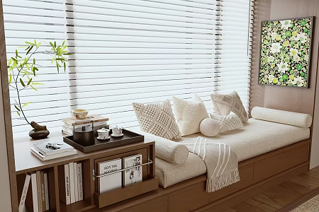 Bay window bay window cabinet bay window cushion venetian blinds pillow 3d model