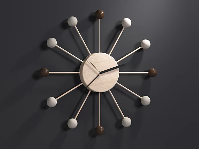 Modern Wooden Wall Clock With Radial Design And White Brown Spheres On Dark Background Wall 3d model
