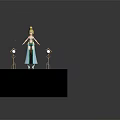 Child Character in Green and White Outfit Standing on Geometric Platform with Golden Spheres and Stands