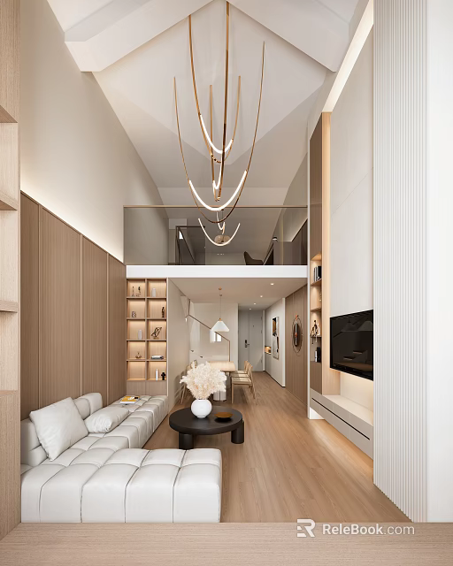 Modern Loft Living Room Design With Sofa Chandelier And TV Wall 3d model 