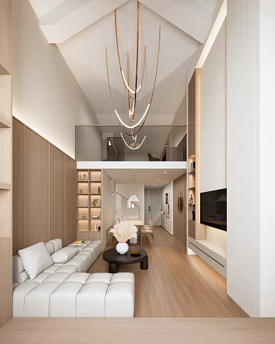 Modern Loft Living Room Design With Sofa Chandelier And TV Wall 3d model
