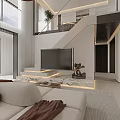 Modern Living Room Interior Design With Beige Sofa Coffee Table Pendant Light Sculpture And Bookshelf