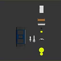 Public Chair in Modern Urban Setting With Bus Shelter Yellow Table White Figure Motorcycle Stairs