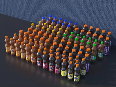 Piled Brown Beverage Bottles with Orange Blue Green Caps and Various Labels 3d model