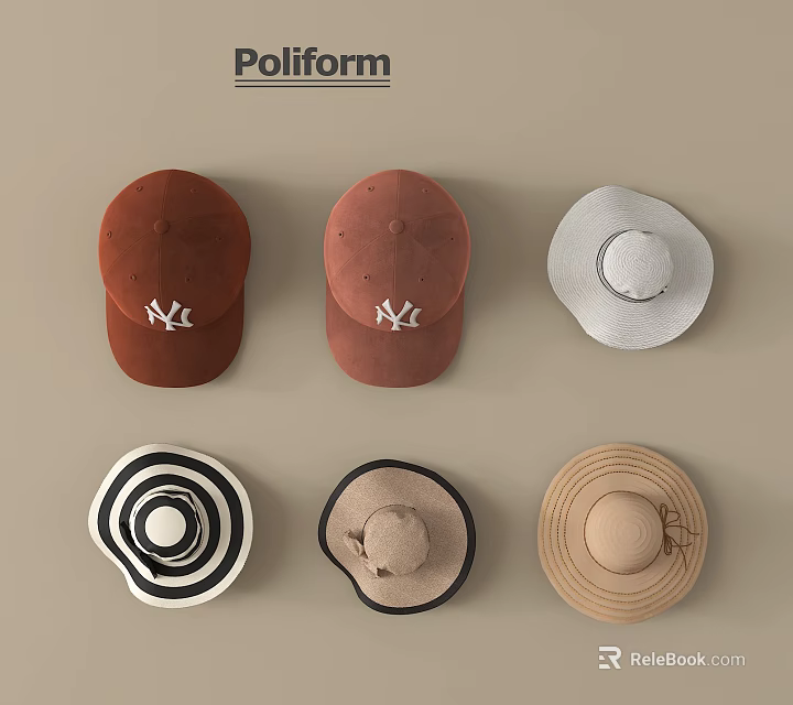Poliform Hats Collection Featuring Brown Baseball Caps White Wide Brim And Black White Striped Designs 3d model 