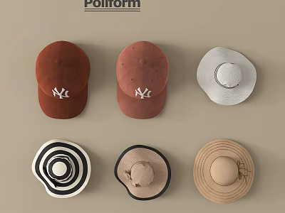Poliform Hats Collection Featuring Brown Baseball Caps White Wide Brim And Black White Striped Designs 3d model