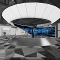Modern Tech Exhibition Interior With Curved White Ceiling Circular Floor And Checkered Wall Screens 3d model