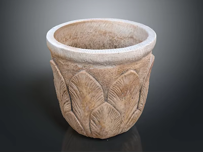 Natural Stone Flower Pot With Intricate Lotus Leaf Carvings And Textured Design 3d model