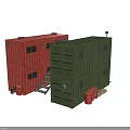 Industrial Equipment Container Based Storage Units With Green Red Structures And Wooden Pallets Crates