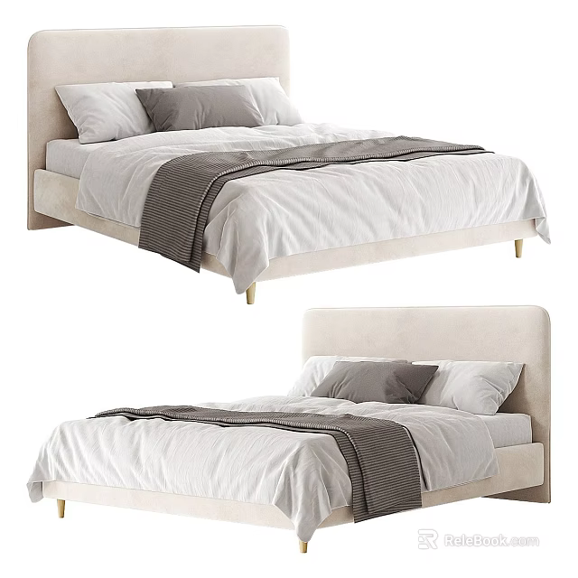 Modern Double Bed With Upholstered Headboard White Bedding Gray Throw And Gold Metal Legs 3d model 