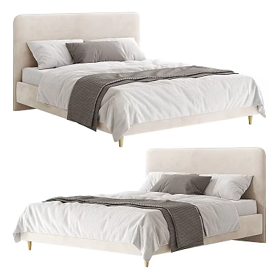 Modern Double Bed With Upholstered Headboard White Bedding Gray Throw And Gold Metal Legs 3d model