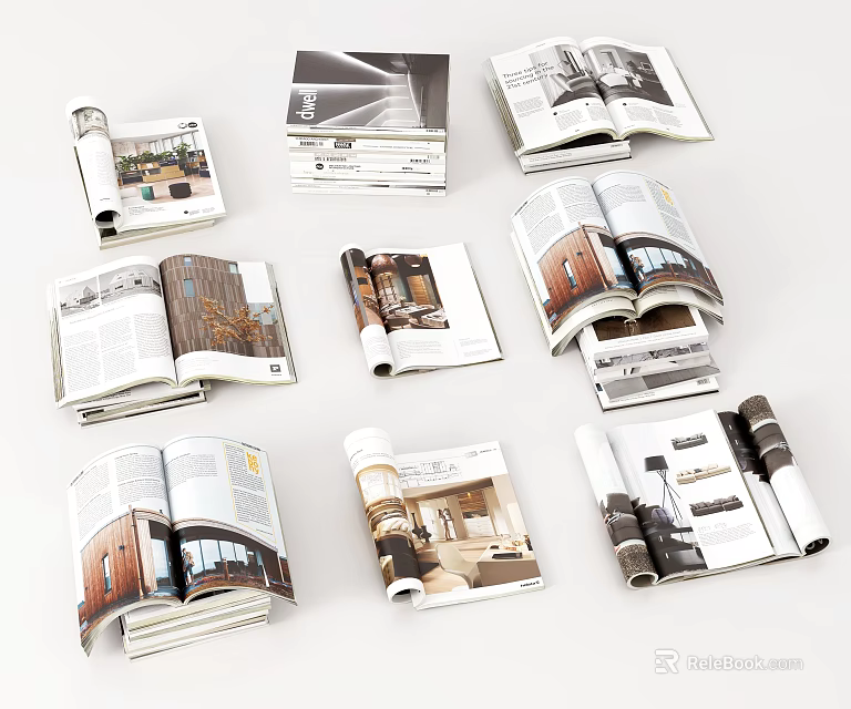 Multiple Opened Interior Design Books And Magazines Showcasing Home Decor Content 3d model 