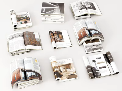 Multiple Opened Interior Design Books And Magazines Showcasing Home Decor Content 3d model