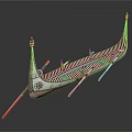 Handmade Wooden Boat Featuring Red Accents Striped Pattern And Rowing Oars