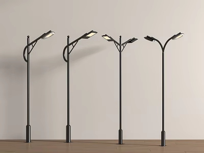 Four Modern Outdoor Street Lights With Black Poles And Curved Design 3d model