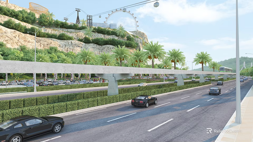 Elevated Road Infrastructure With Multi Lane Highway Green Belts And Vehicles 3d model 