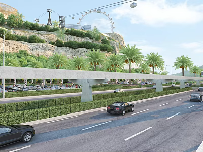 Elevated Road Infrastructure With Multi Lane Highway Green Belts And Vehicles 3d model