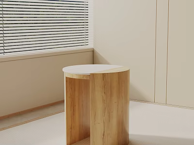 Wooden Nightstand With Round Top In Beige Wall Room With Window Blinds 3d model