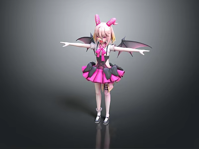 3D Anime Character With Pink Horns Black Wings And Demon Inspired Outfit 3d model