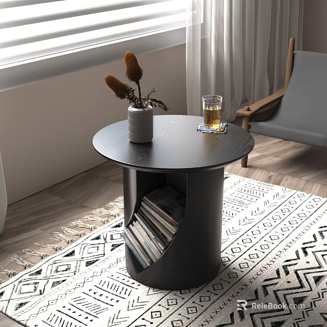 Round Black Coffee Table with Storage Compartment Magazines Vase and Glass on Geometric Rug 3d model 