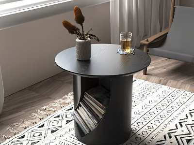 Round Black Coffee Table with Storage Compartment Magazines Vase and Glass on Geometric Rug 3d model