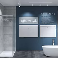 Modern Exhibition Booth Displaying Bathroom Products With Glass Walls Bathtubs Vanities And Tiles