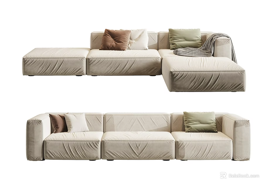 Modern Beige Sectional Sofa Set With Decorative Pillows And Throw Blanket 3d model