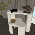 White Minimalist Layered Side Table Decorated With Pine Cone Book And Green Branches