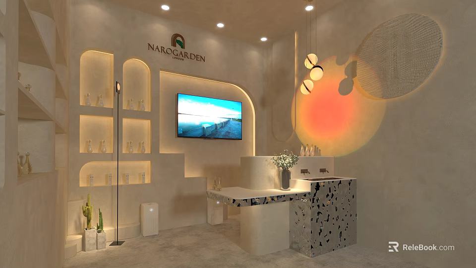 Nature Garden Specialty Store Interior With Display Shelves TV Screen Modern Counter And Ambient Lighting 3d model 