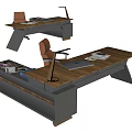 Modern Office Desk With Wooden Tabletop And Brown Office Chair Laptop Documents Magazines