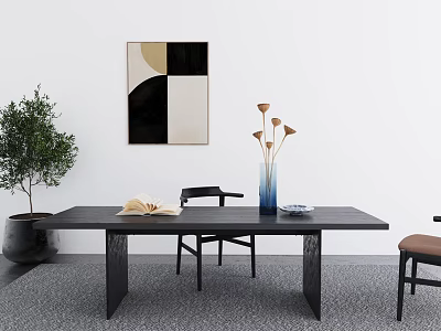 Modern Dark Wooden Desk With Open Book Vase And Abstract Wall Art Potted Plant 3d model