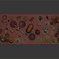 Assorted Food Spread with Roasted Turkey Cakes Fruits and Desserts on Long Red Tablecloth