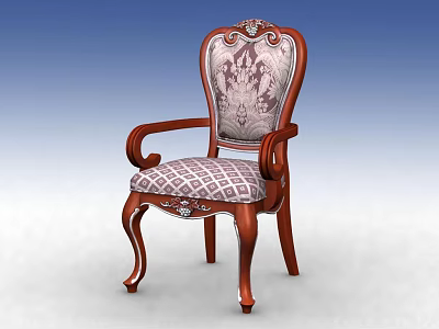 Classic Wooden Dining Chair With Armrests Patterned Backrest And Checkered Seat Cushion 3d model
