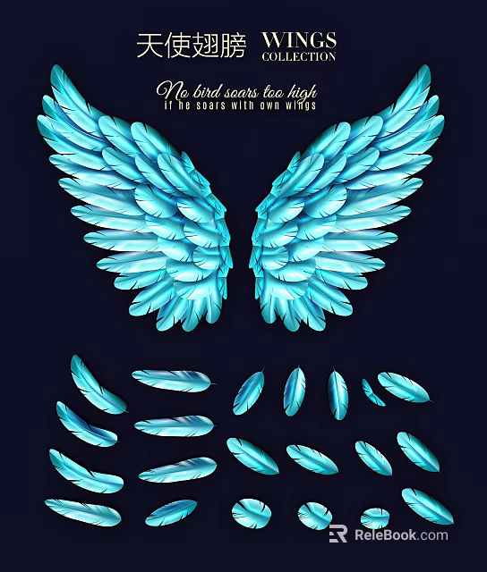 Blue Wing Shaped Wall Decor With Scattered Feather Accents For Home Decoration 3d model 