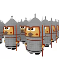 Cartoon Style Soldier Sculptures with Gray Armor Helmets and Spears in Neat Formation
