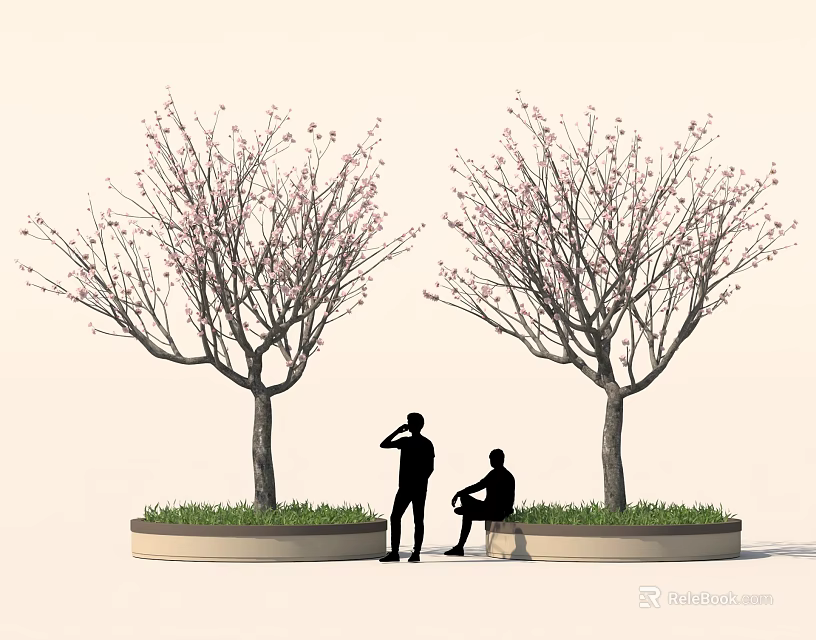 Flowering Trees With Pink Blossoms And People Relaxing Beneath In City Garden 3d model 