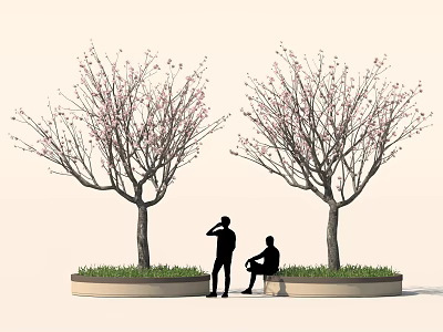 Flowering Trees With Pink Blossoms And People Relaxing Beneath In City Garden 3d model