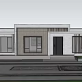 Modern Detached Villa Exterior With Large Windows Black Door Front Steps And Green Lawn