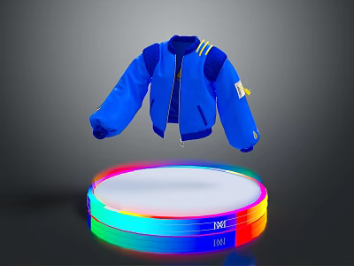 Stylish Blue Jacket With Zipper Closure And Striped Sleeves Displayed On Colorful Circular Platform 3d model