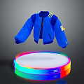 Stylish Blue Jacket With Zipper Closure And Striped Sleeves Displayed On Colorful Circular Platform